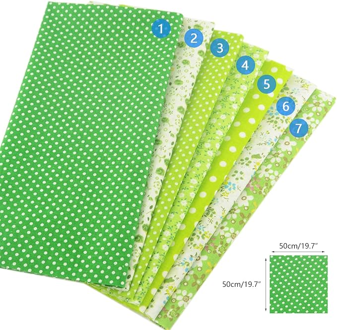 SaoYoo 7 Pieces Pretty Flower Cotton Fabric - Comfortable Quilting Cloths for Patchwork (20"x20" - Green)
