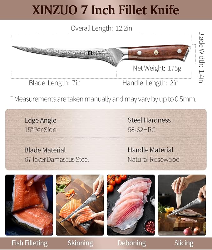 XINZUO 7 Inch Fillet Knife, Damascus Steel with 10Cr15MoV Core, Razor Sharp Boning Knife for Fish, Meat & Seafood, Rosewood Handle