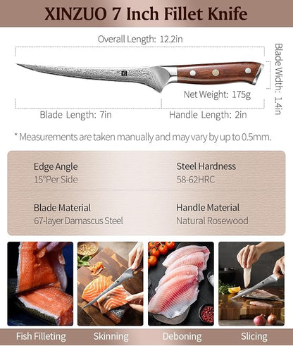 XINZUO 7 Inch Fillet Knife, Damascus Steel with 10Cr15MoV Core, Razor Sharp Boning Knife for Fish, Meat & Seafood, Rosewood Handle
