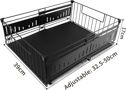 Expandable Pull Out Cabinet Organiser, No Drill Adhesive Slide Out Kitchen Drawer Shelf Durable Metal for Under Sink, Cupboard, Pantry, Adjustable Width (12.8"-19.7") (Style A Black, 1 Pack)