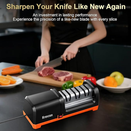 2026 New Electric Knife Sharpener for Kitchen Knives, with 100% Diamond Abrasives and Precision Angle Guides, 3-Stage Professional Automatic Quickly Sharpening/Polishing, Black/Orange