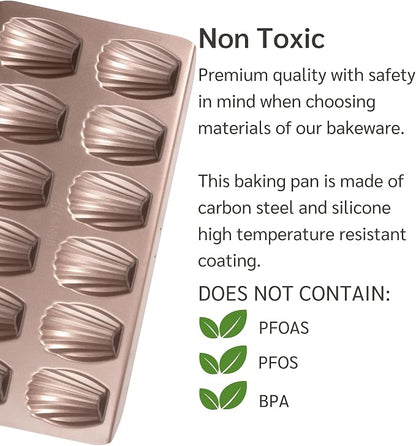 HAPPIELS 12-Well Madeleine Pan 2-Pack Nonstick, PFOA & BPA Free | 24- Well Non Stick Nontoxic Madeleines Pans for oven baking | Madeleine Cake Cookie Mold | Madeleine tray