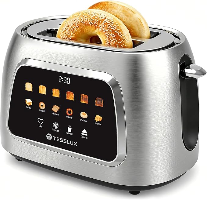 Tesslux 2 Slice Toaster with Touch Screen Control, 1.5" Wide Long Slots, 6 Browning Levels & 6 Bread Types, Digital Timer, Memory, Defrost, Reheat (Silver, 2 Slice)