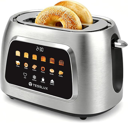 Tesslux 2 Slice Toaster with Touch Screen Control, 1.5" Wide Long Slots, 6 Browning Levels & 6 Bread Types, Digital Timer, Memory, Defrost, Reheat (Silver, 2 Slice)