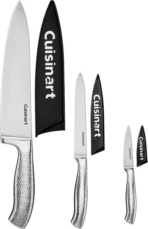 Cuisinart Classic Forged Knife Set – High-Carbon Hammered Stainless Steel Blades, Sheath Guards, Ultra Sharp Edge, Extra-Wide Bolster for Stability (6-Piece: 8" Chef, 5.5" Utility, 3.5" Paring)