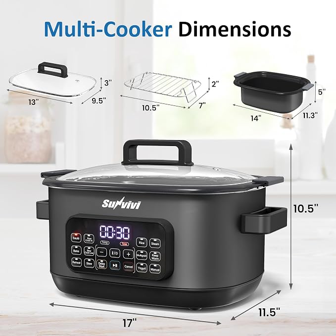 12-in-1 Multicooker, 6.5QT Slow Cooker Roaster Oven, Digital Programmable Multi Functional Pot with Timer Temp Control Delay Start Glass Lid Removable Nonstick Pot, Roast/Steam Rack, Black