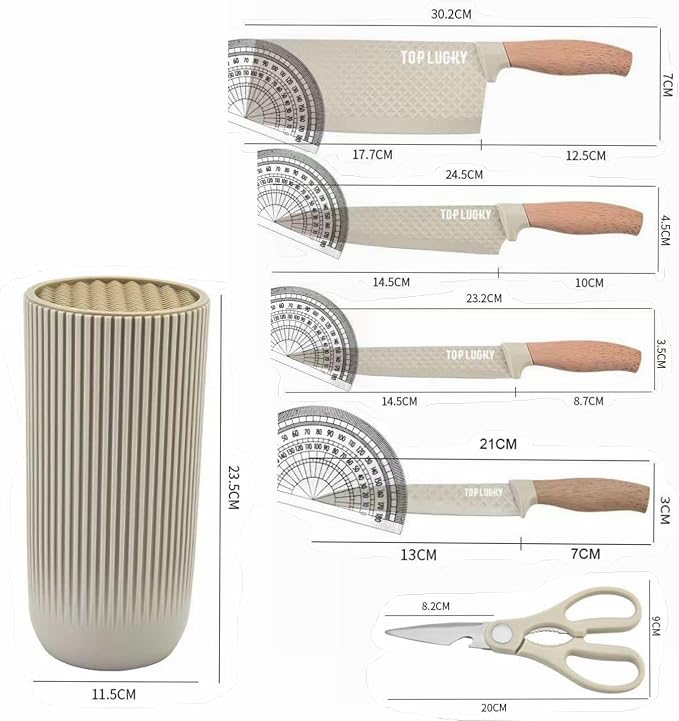 Kitchen Knife Set. 6-Pieces Luxury Wooden Coating, Light Wood Grain Handle, Stainless Steel Non-Stick Sharp Blade Chef Knife Set with Cylindrical Knife Block for Gift