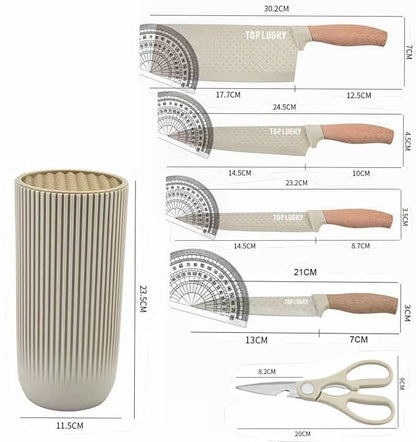 Kitchen Knife Set. 6-Pieces Luxury Wooden Coating, Light Wood Grain Handle, Stainless Steel Non-Stick Sharp Blade Chef Knife Set with Cylindrical Knife Block for Gift