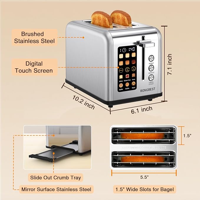 2 Slice Touch Screen Toaster with Wide Slots Stainless Steel Toasters for Family Breakfast, Even Toasting for Bagels & Bread, Reheat & Defrost, Easy Removable Crumb Tray, Silver