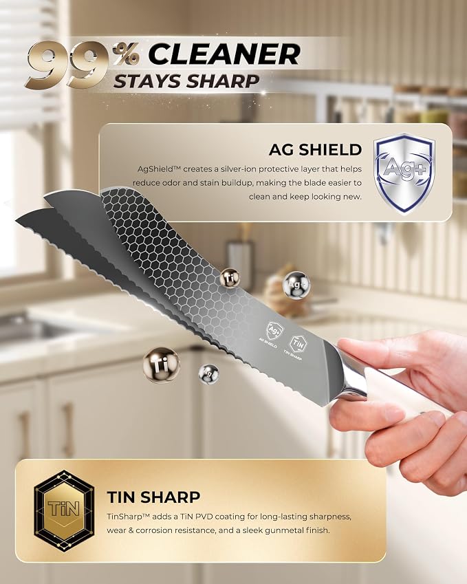 OOU 8 Inch Bread Knife, German 1.4116 Stainless Steel Kitchen Knife, Gunmetal Blade with AgShield & TinSharp Finish, Balanced ABS Handle, Serrated Bread Knife for Clean, Controlled Slicing