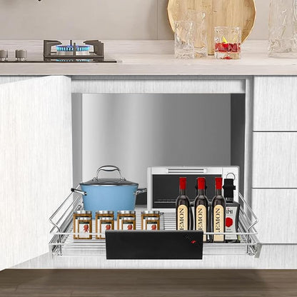 Expandable Pull Out Cabinet Organizer, Slide Out Drawers for Kitchen Cabinets, Heavy Duty Storage Drawers, Chrome Plated Cabinet Wire Shelf, Adjustable Width 12.5~20.2" W x 17.3" D
