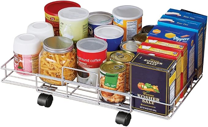 Collections Etc Flat Rolling Floor Shelf Metal Storage Cart - Expandable to 24" W - Slim Cart Holds Up to 22 Lbs. on 4 Caster Style Wheels, Fits Under Beds, Desks or Shelving