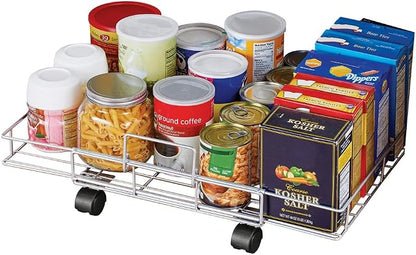 Collections Etc Flat Rolling Floor Shelf Metal Storage Cart - Expandable to 24" W - Slim Cart Holds Up to 22 Lbs. on 4 Caster Style Wheels, Fits Under Beds, Desks or Shelving