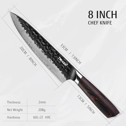 hecef Professional Japanese Chef Knife, 8 Inch Kitchen Knife with High Carbon Steel Blade, Ultra Sharp Edge & Ergonomic Pakkawood Handle for Daily Meal Prep