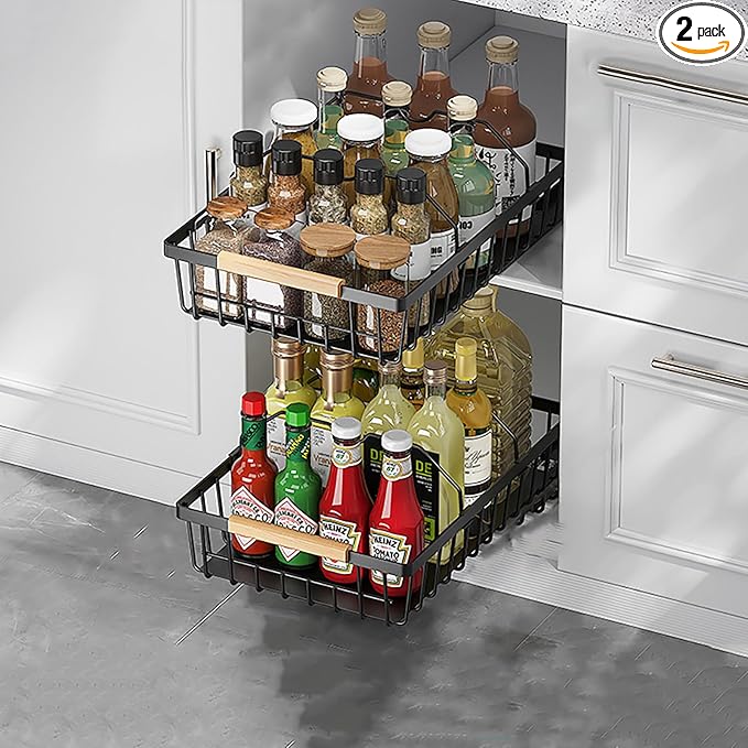 2 Pack No Drill Pull Out Cabinet Organizer, Carbon Steel Slide Out Drawer with Nano Adhesive, Kitchen Pantry Bathroom Under Cabinet Storage, Black