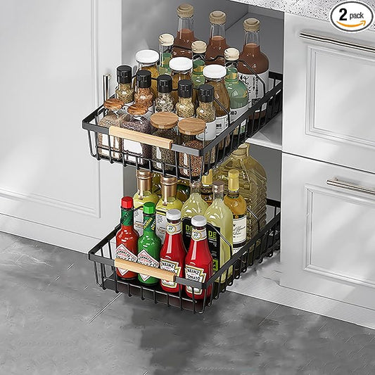 2 Pack No Drill Pull Out Cabinet Organizer, Carbon Steel Slide Out Drawer with Nano Adhesive, Kitchen Pantry Bathroom Under Cabinet Storage, Black