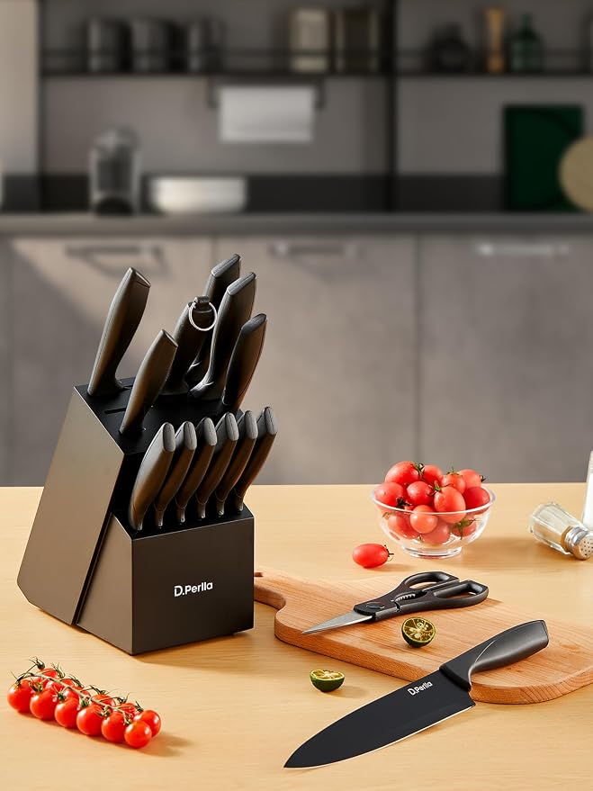 Knife Set, D.Perlla 15 Pieces Knife Sets for Kitchen with Block, Dishwasher Safe Kitchen Knife Set with Sharpener Rod, Black Coating German Stainless Steel Knife Block Set, Non-stick & Non Rust, Black