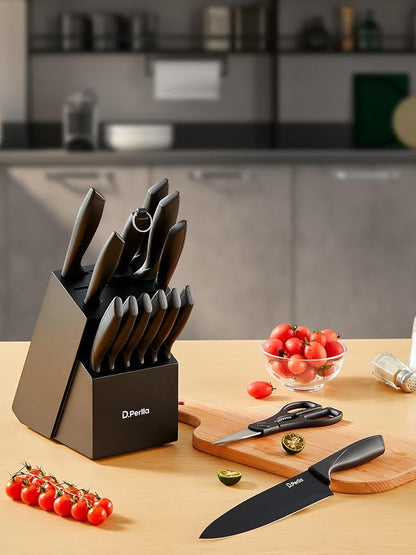 Knife Set, D.Perlla 15 Pieces Knife Sets for Kitchen with Block, Dishwasher Safe Kitchen Knife Set with Sharpener Rod, Black Coating German Stainless Steel Knife Block Set, Non-stick & Non Rust, Black