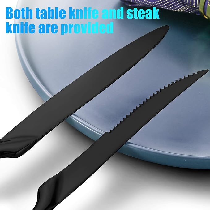 Lemeya 24-Pieces Black Silverware Set with Steak Knives,Heavy Duty 18/10 Stainless Steel Flatware Set for 4,Modern Cutlery with Forged Stand Knives,Mirror Polished,Dishwasher Safe