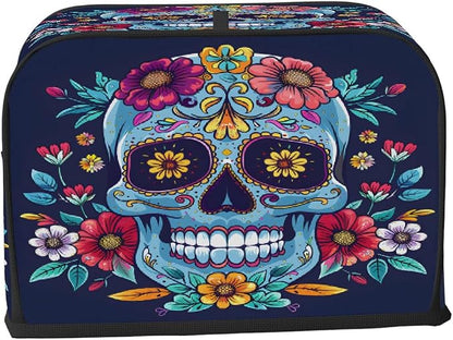 Flower Blue Skull Toaster Cover 2 Slice Wide Slot Washable Kitchen Appliance Covers Fingerprint Bread Machine Dust Cover Small Toaster Oven Accessories Covers Bread Maker Bag Women Gift