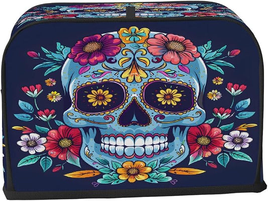 Flower Blue Skull Toaster Cover 2 Slice Wide Slot Washable Kitchen Appliance Covers Fingerprint Bread Machine Dust Cover Small Toaster Oven Accessories Covers Bread Maker Bag Women Gift