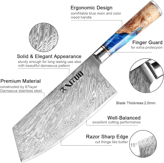 XITUO 7-Inch Vegetable Cleaver Knife – Japanese Style VG10 Damascus Steel Core Forged Blade, Professional Kitchen Knife with Sheath & Case