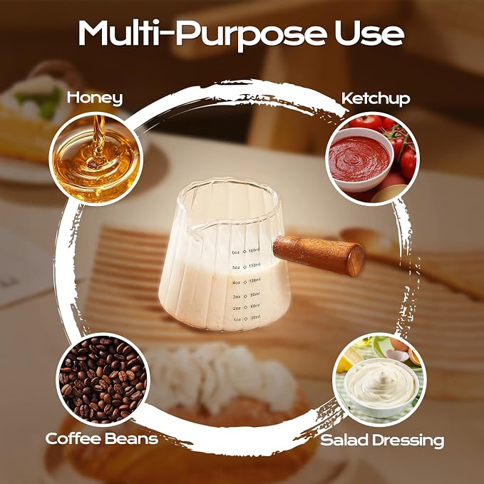 YARRAMATE 6 oz/180ML Glass Measuring Cup with Wooden Handle – Espresso Shot Cups, Ribbed Milk Frothing Pitcher, Dual Scale Markings, V-Shaped Mouth for Easy Pouring