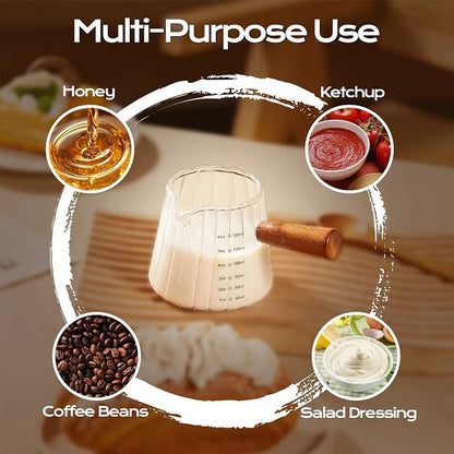 YARRAMATE 6 oz/180ML Glass Measuring Cup with Wooden Handle – Espresso Shot Cups, Ribbed Milk Frothing Pitcher, Dual Scale Markings, V-Shaped Mouth for Easy Pouring