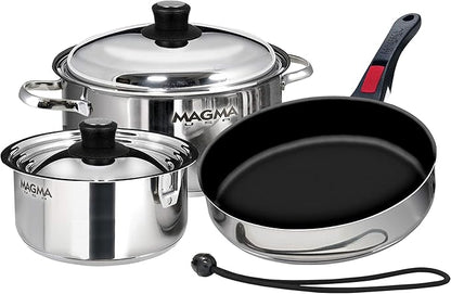 Magma 7 Piece Gourmet Nesting Stainless Steel Cookware Set with Ceramica Non-Stick, Induction Compatible, Oven Safe to 500°F - Suitable for All Stovetops, Removable Handles, Stainless Steel