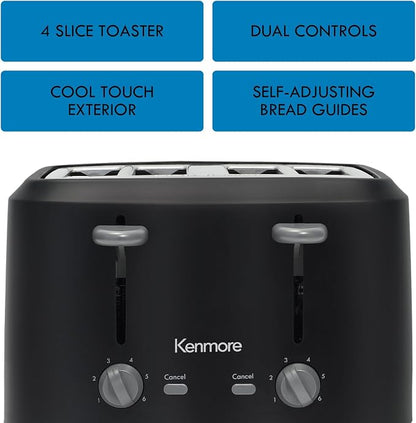 Kenmore 4-Slice Toaster with Dual Controls, Matte Black and Grey, Wide Slots, Self-Adjusting Bread Guides, Adjustable Browning, 6 Shade Settings, Toast, Bagels, Waffles, English Muffins, Small