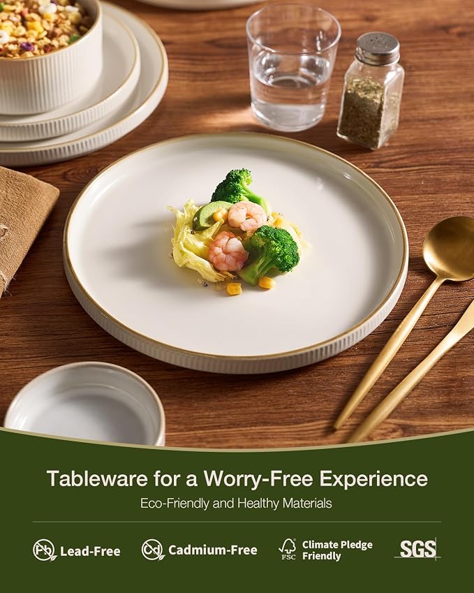 Famiware Star 16-Piece Stoneware Dinnerware Set with Trim, Service for 4 -Ceramic Mugs, Plates and Bowls, Modern Rustic Dishes with High Edge, Chip/Scratch Resistant, Microwave/Dishwasher Safe, White