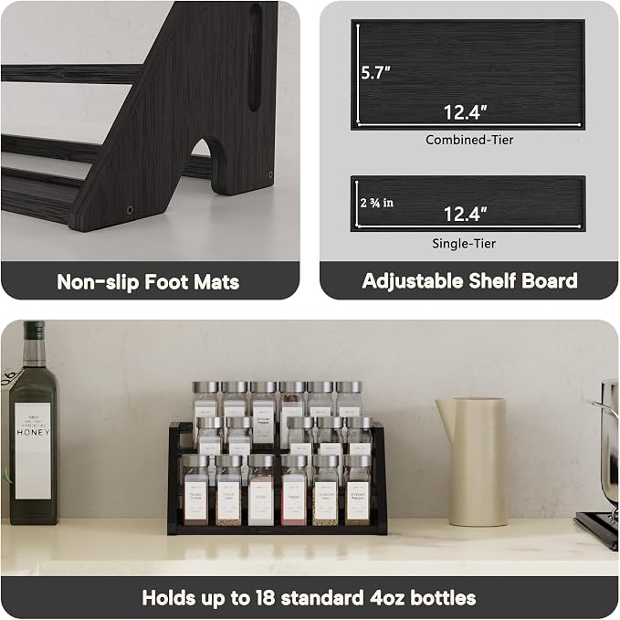 Bamboo Spice Rack Organizer -3-Tier Spice Rack for Countertop,Cabinet Spice Rack Organizer for 18 Spice Jars(4oz)，Step Shelf(black)