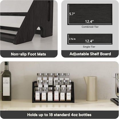 Bamboo Spice Rack Organizer -3-Tier Spice Rack for Countertop,Cabinet Spice Rack Organizer for 18 Spice Jars(4oz)，Step Shelf(black)