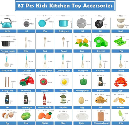 Bruvoalon 67Pcs Kids Play Kitchen Toys Set, Toddlers Pretend Cooking Playset Acccessories with Pots Pans, Utensils Cookware, Foods, Canned Veges, Learning Gift for Kids Girls Boys (Turquoise)