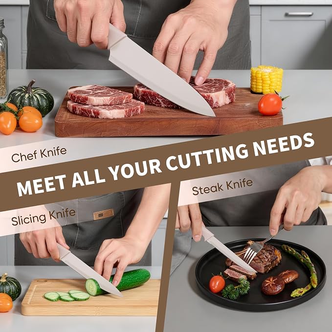 E-far Knife Set, 15-Piece Kitchen Knife Block Set with Sharpener, High Carbon Steel Chef Paring Steak Knives with Ergonomic Non-Slip Handle, Anti-Rust & Razor Sharp, Khaki