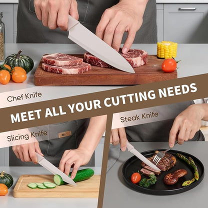 E-far Knife Set, 15-Piece Kitchen Knife Block Set with Sharpener, High Carbon Steel Chef Paring Steak Knives with Ergonomic Non-Slip Handle, Anti-Rust & Razor Sharp, Khaki