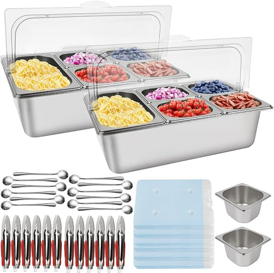 2P Pizza Topping Station 7 Pans Stainless Steel Spice Organizer Salad Bar Buffet Station with Spoons Ice Boxes Buffet Containers Set for Sauce Jam Ingredient Kitchen Restaurant Pantry