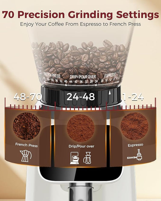 Tuni G2 Ivory Conical Burr Coffee Grinder with Black Digital Coffee Scale, 70 Grind Settings Anti-static Coffee Bean Grinder for Espresso/Drip/Cold Brew/French Press