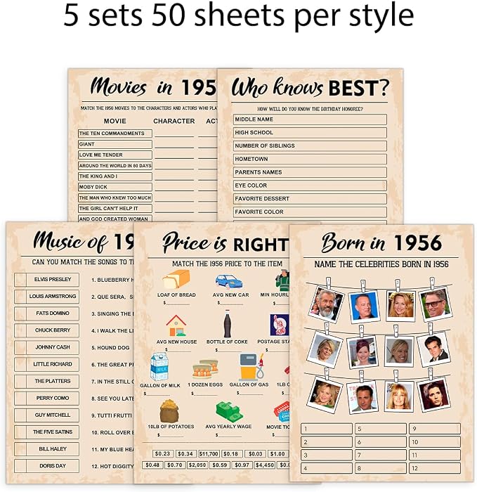 QUPT 70th Birthday Party Games, Set of 5 Activities for 10 Guests, Born in 1956 Games Bundle, Birthday Party Supplies for Adults, Pack of 50 Cards