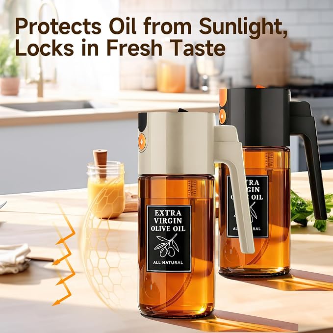 2-Pack Black and Beige Oil Sprayer Set, Two 500ml Dark-Tinted Glass Bottles for Olive Oil and Vinegar, Matching Countertop Spray and Pour Dispensers
