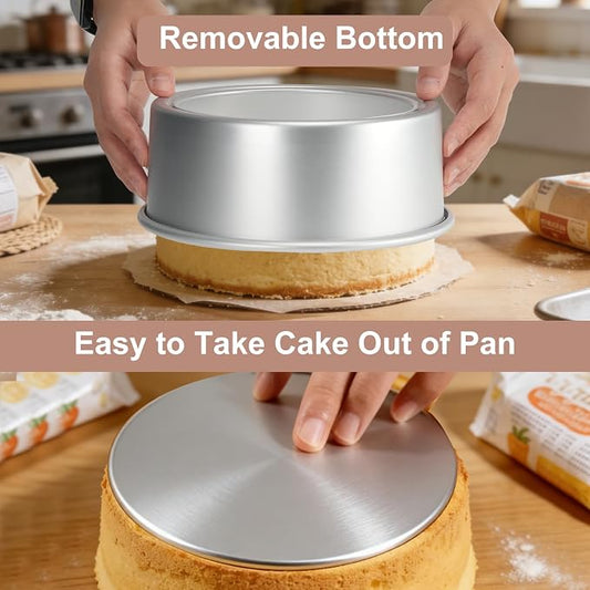 Round Cake Pan with Removable Bottom, Set of 3 (6 x 3 inch/8 x 3 inch/10 x 3 inch), Aluminum Baking Pans for Layer Cakes, Non-Stick, Evenly Heating Tools for Home Kitchen, Straight Side