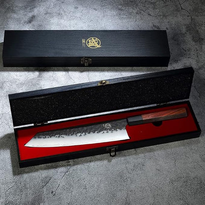 MITSUMOTO SAKARI 9-Inch Japanese Kiritsuke Chef Knife, 9Cr18MoV Steel | Angled tip and long flat edge for slicing, 3-layer 9Cr18MoV steel, rosewood handle, sandalwood box