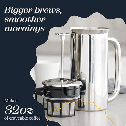 ESPRO Pro P7 French Press Stainless Steel 304 - Patented Double Micro-Filter for Grit-Free Coffee, Double Wall Insulated Coffee Maker, Plastic-Free & Heat Resistant - Polished 32oz