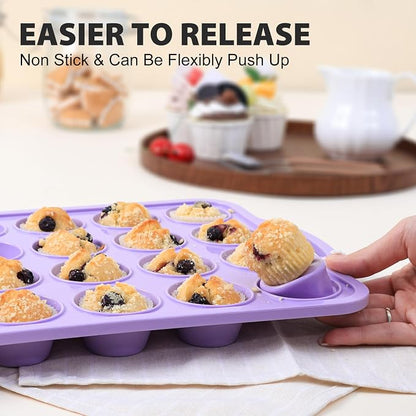 Mini Silicone Muffin Pan with Metal Frame, Non Stick Silicone Cupcake Pan with Handles 24 Cup, BPA Free Silicon Muffin Tin Tray Small for baking, egg bites, Cupcake Mold Purple