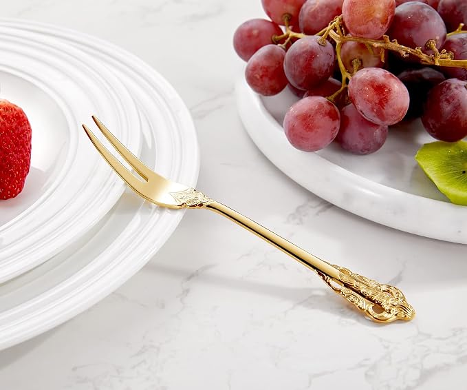 KEAWELL Luxury 6.3" Food Fork/Seafood Forks 18/10 Stainless Steel, Set of 6, Fruit Picks/Cocktail Forks/Charcuterie Accessories/Cocktail Picks for Appetizer, Cocktail, Pastry, Dessert (Gold)