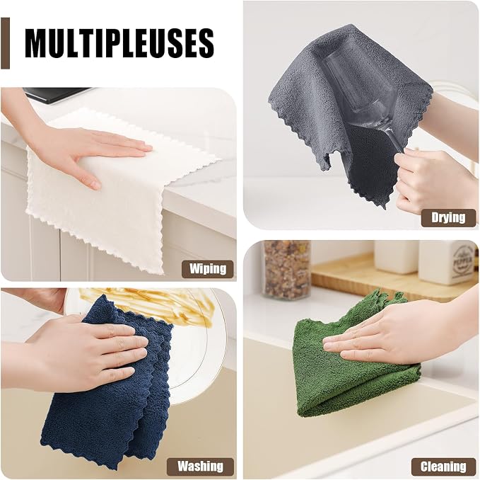 Kitinjoy 24 Pack Kitchen Dish Cloths, Super Soft and Absorbent Coral Velvet Dish Towels (7 x 9 Inches, White/Tan/Grey/Navy Blue/Brown/Grass Green)