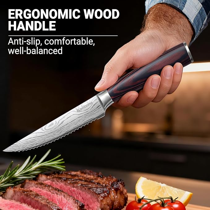4.5 Inch Serrated Steak Knife - Ultra Sharp Serrated Knife Japanese High Carbon Steel Blade, Ergonomic Handle, Premium Kitchen Cutlery for Steak, BBQ & Outdoor Meals