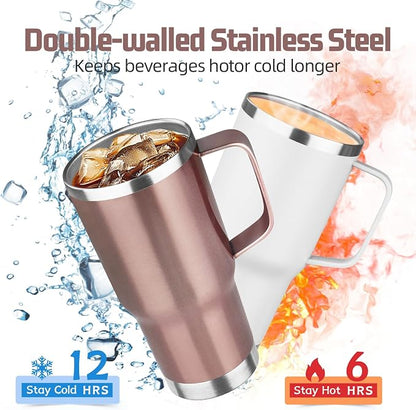 20 oz Tumbler with Handle Stainless Steel Insulated Coffee Tumbler with Lid and Straw Double Wall Vacuum Insulated Coffee Mug Leak Proof Travel Mug Tumbler for Hot and Cold Drink (Rose Gold,4pack)