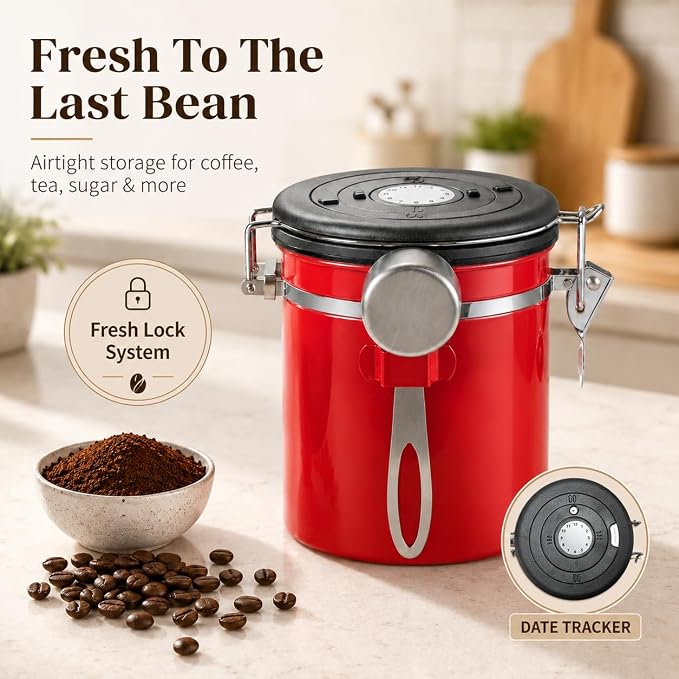 Mixpresso 16 Oz Red Coffee Canister, Stainless Steel Airtight Coffee Container, Air tight Jar Tea Storage with Date Tracker, Vacuum Sealed Espresso Airtight Canister, Sugar Container for Home