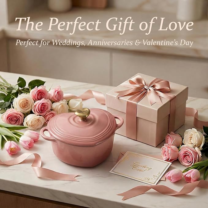 Overmont Heart-Shaped Enameled Cast Iron Dutch Oven, 2QT Pink Mini Pot with Lid for Cozy Meals, Soups & Small Batch Baking, Cute Kitchen Cookware Gift for Wedding, Housewarming & Birthday